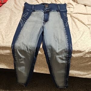 High-Rise Two-Tone Dark & Light Blue Skinny Jeans with Embroidered Details